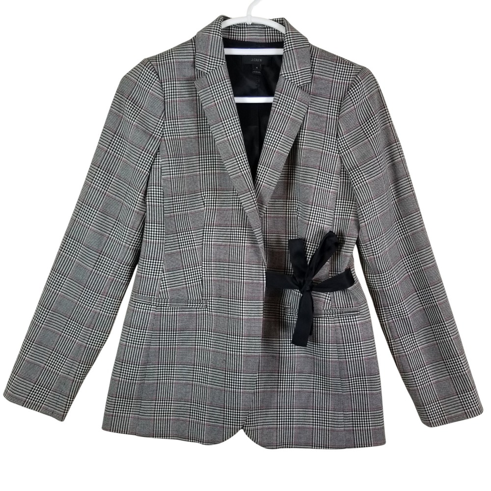 J.Crew Womens Glen Plaid Blazer Grey Black Red Check Ribbon Tie Size 4 RN77388